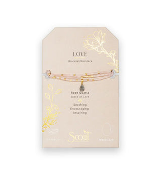 Rose Quartz beaded Love Bracelet/Necklace with central teardrop stone wrapped three times around a gold foil detailed product card
