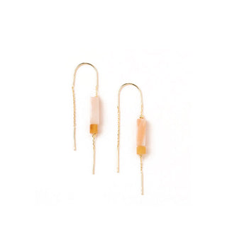 Pair of threader earrings with square and rectangular rose quartz stones on gold chain