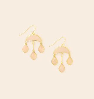 Dangle earrings with three rounded diamond-shaped rose quartz stones attached to an upper cresent-shaped rose quartz stone on gold hardware