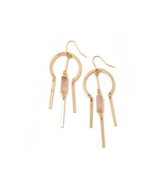 Gold earrings with a rounded upper section and rose quartz stone center dangle