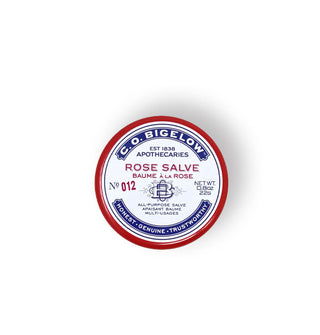 Round white, blue, and red tin of C. O. Bigelow Apothecaries All-Purpose Rose Salve No. 012