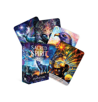 Box and four-card spread of Sacred Spirit Oracle cards, all featuring vibrant mystical artwork often depicting animals