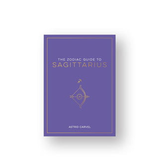 Purple cover of The Zodiac Guide to Sagittarius by Astrid Carvel features white and gold lettering and a central illustration of a bow and arrow