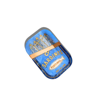 Blue and gold hair clip designed to resemble a tin of sardines from Portugal