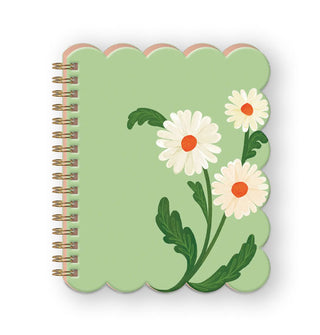Journal with spiral-bound, green scalloped-edge cover featuring an illustration of daisies