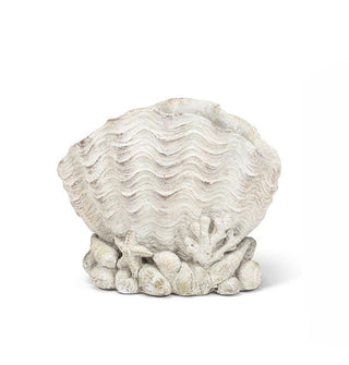 Antique-effect white scallop shell planter with wide top opening and coral and starfish accents at the base