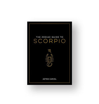 Black cover of The Zodiac Guide to Scorpio by Astrid Carvel features white and gold lettering and a central illustration of a scorpion