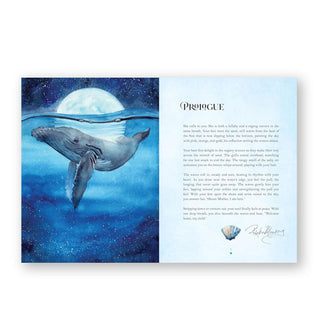 Page spread from Sea Magick features the Prologue alongside a dreamy illustration of a humpback whale floating beneath the ocean's surface under a full moon