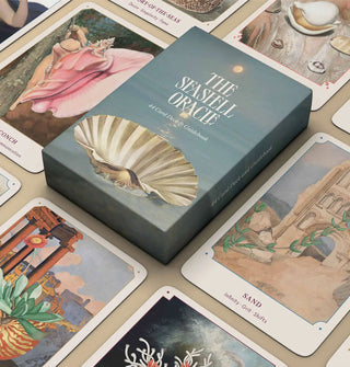 Box for and samples of The Seashell Oracle card deck featuring colorful oceanic collage artwork