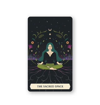 The Sacred Space card from The Secret Oracle of the Green Witch features illustration of a meditating woman encircled by flowers and vines