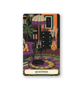 Quietness card from The Secret Oracle of the Green Witch features illustration of a homey scene with plants, a floor lamp, sofa, and sleeping black cat on a round floral rug