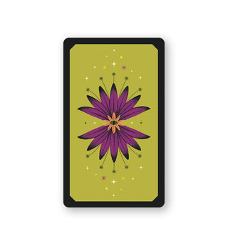 Sample card back from The Secret Oracle of the Green Witch features illustration of a purple flower with an eye in the center surrounded by small stars