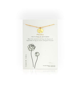 Birth month flower necklace card features the flower for September: The Peony
