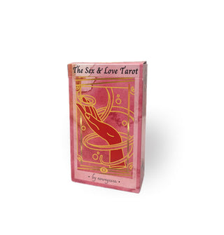 Red and pink box of The Sex & Love Tarot cards with gold foil detailing accenting a hand illustration