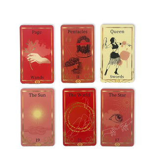 Six-card sample spread of The Sex & Love Tarot deck features Page, Pentacles, Queen, The Sun, The World, and The Star