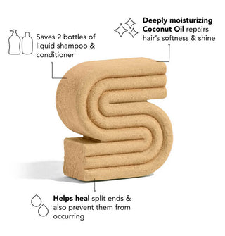 Gold ribbed S-shaped shampoo bar is labeled with its key benefits accented by infographics