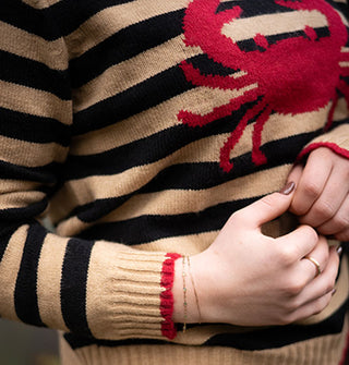 Model wears a beige and black striped sweater with red sleeve trim and red crab design on the front