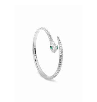 Textured silver snake wrap bracelet with hinge and green eyes
