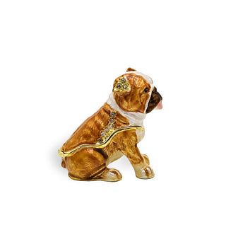 Decorative painted bulldog box with crystal accents and a gold-trimmed hinged lid which makes up the dog's upper body