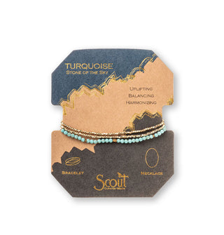 Turquoise and gold beaded bracelet/necklace wrapped around product card with gold foil design details