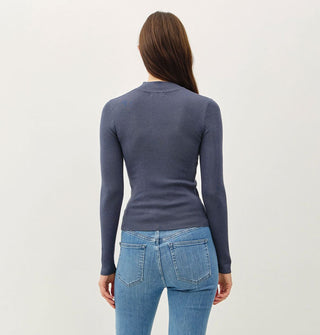 Model facing away from the camera wears a long-sleeved blue-gray mock turtleneck top with blue jeans
