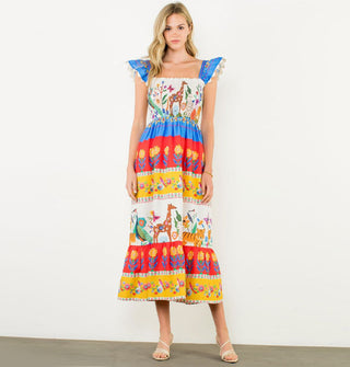 Model wears an A-line style midi length dress with lace-trimmed fluttery cap sleeves and bold color bands featuring flower and animal prints
