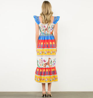 Model facing away from the camera wears an A-line style midi length dress with lace-trimmed fluttery cap sleeves and bold color bands featuring flower and animal prints