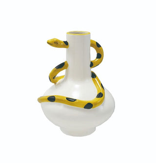 White vase with a black-spotted yellow snake accent wrapped around the neck and body