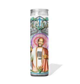 Tall glass prayer candle with label illustration depicting Snoop Dogg as a saint