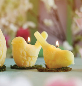 Two lit beeswax songbird candles, one sitting upright and the other appearing to "peck"