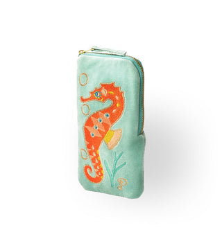 Rectangular mint green velvet eyeglass case with corner zipper features colorful embroidery depicting an orange seahorse flanked by seaweed and bubbles