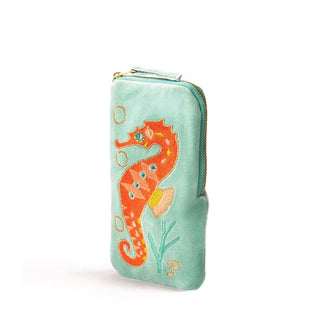 Rectangular mint green velvet eyeglass case with corner zipper features colorful embroidery depicting an orange seahorse flanked by seaweed and bubbles
