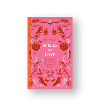 Pink cover of Dee Johnson's Spells for Love book features an orange spine and red and white illustrations of hands, bottles, cauldrons, and other witch-themed symbology