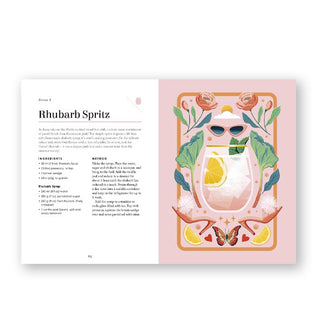 Page spread from Spritz & Fizz features a recipe for a Rhubarb Spritz with accompanying illustration