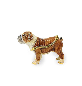 Decorative painted bulldog box with crystal accents and gold lining the lid edge which comprises the dog's upper body and head