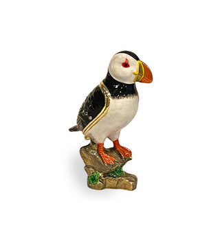 Decorative painted perched puffin box with gold lid trim and crystal accents