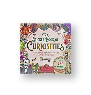 Cover of The Sticker Book of Curiosities: An Eclectic Compendium of Vintage Stickers features a dense border of colorful illustrations