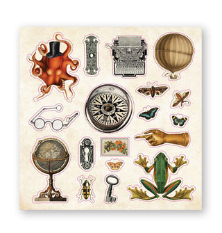 Sample sheet from The Sticker Book of Curiosities features designs such as butterflies, a hot air balloon, a globe, an octopus in top hat, and other miscellany