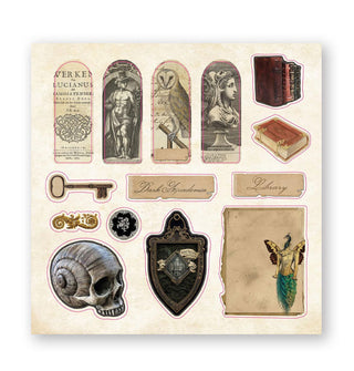 Sample sheet from The Sticker Book of Curiosities features designs such as books and other publishing illustrations, a seashell with skull face, script samples, and other miscellany
