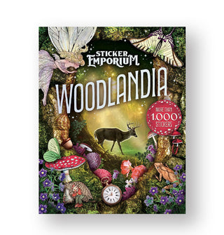 Cover of Sticker Emporium: Woodlandia is heavily illustrated with a fantastical forest scene at the venter of which is a deer with antlers