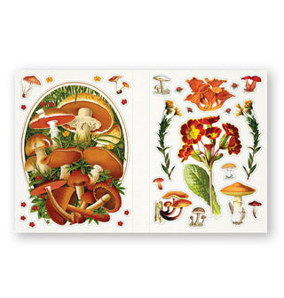 Page spread from Sticker Emporium: Woodlandia features floral and mushroom designs in a predominantly orange and red color palette