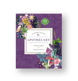 Purple cover of Sticker Studio: Apothecary  features a central white title square flanked by floral, celestial, and crystal designs at upper left and lower right corners