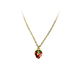 Red strawberry pendant with green leaf and gold seed details strung on a gold cable chain