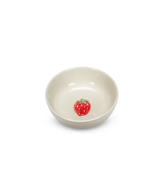 Round white ceramic bowl with central embossed painted red strawberry in the bottom