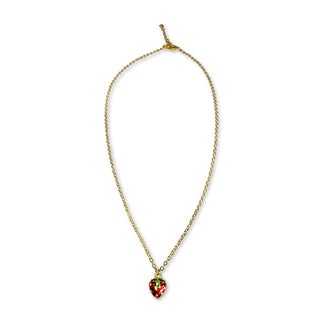 Red strawberry pendant on gold necklace chain