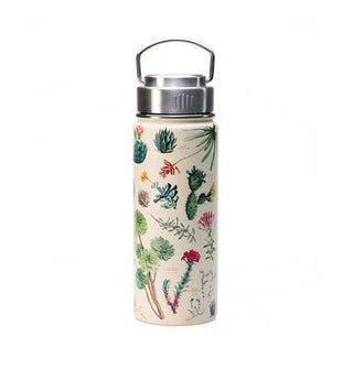 Whitish drink thermos with stainless steel handled lid features all-over colorful illustrations of succulents and cacti on its body