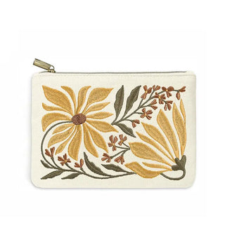 Rectangular white canvas pouch with gold zipper pull tab and floral embroidery in a muted yellow, green, and brown palette