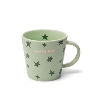 Light green mug says, "Super Dad" in small gold lettering and features dark green stars all over, including on the inside