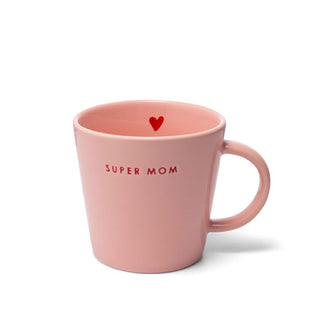 Pink mug is stamped with the words, "Super Mom" in small red lettering and features a red heart graphic on the inside rim