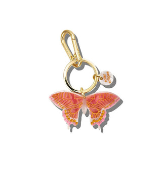 Pink swallowtail butterfly charm on gold keyring with tab and lobster clasp attached